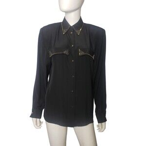 VINTAGE COMO Rhinestone Beaded Black Blouse Size 12